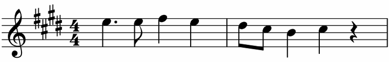 Notenblatt mit Violinschlüssel, vier Kreuze, 4/4 Takt und einer kurzen Melodielinie aus Viertel- und Achtelnoten